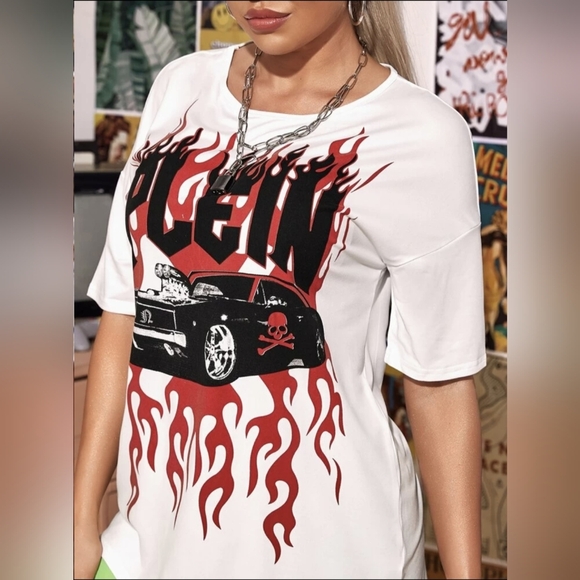 Phillip Plein Drop Shoulder Car & Letter Graphic Longline Tee - Picture 2 of 5